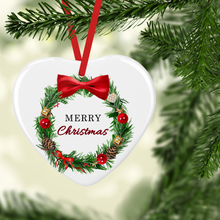 Load image into Gallery viewer, Christmas Wreath with Name Double Sided Ceramic Round or Heart Christmas Bauble
