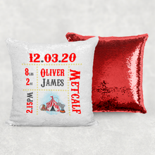 Load image into Gallery viewer, Carnival Circus Baby Birth Stat Personalised Sequin Reveal Cushion
