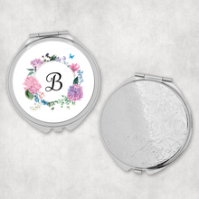 Load image into Gallery viewer, Initial Floral Wreath Wedding Compact Mirror - Pocket Mirror - Molly Dolly Crafts
