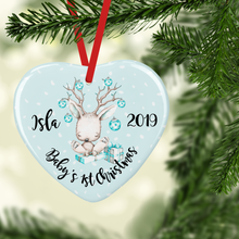 Load image into Gallery viewer, Deer Baby&#39;s First Christmas Ceramic Round or Heart Christmas Bauble
