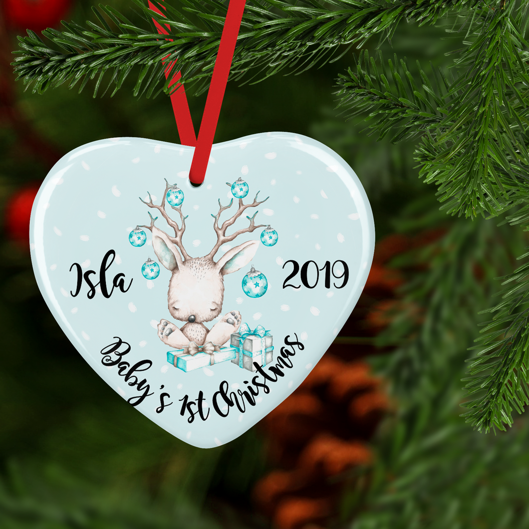 Deer Baby's First Christmas Ceramic Round or Heart Christmas Bauble