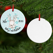 Load image into Gallery viewer, Deer Baby&#39;s First Christmas Ceramic Round or Heart Christmas Bauble
