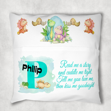 Load image into Gallery viewer, Dinosaur Alphabet White Canvas Book Pocket Cushion Cover
