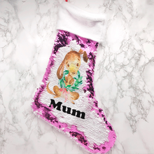 Load image into Gallery viewer, Personalised Dog Fur Topped Sequin Christmas Stocking
