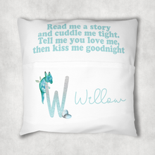 Load image into Gallery viewer, Dragon Glitter Alphabet Personalised Pocket Book Cushion Cover White Canvas
