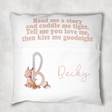 Load image into Gallery viewer, Dragon Glitter Alphabet Personalised Pocket Book Cushion Cover White Canvas
