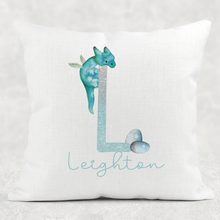 Load image into Gallery viewer, Dragon Blue Alphabet Cushion Linen White Canvas

