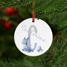 Load image into Gallery viewer, Dragon Alphabet Watercolour with Name Ceramic Round or Heart Christmas Bauble
