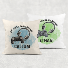 Load image into Gallery viewer, Gamer Personalised Cushion Eat Sleep Game Repeat Cover
