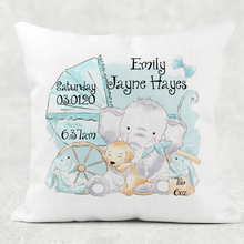 Load image into Gallery viewer, Elephant/Rabbit Baby Birth Stat Personalised Cushion Linen White Canvas
