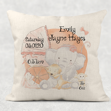Load image into Gallery viewer, Elephant/Rabbit Baby Birth Stat Personalised Cushion Linen White Canvas
