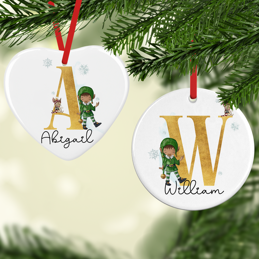 Elf Alphabet Watercolour Personalised Ceramic Round or Heart Christmas Bauble