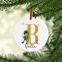 Load image into Gallery viewer, Elf Alphabet Watercolour Personalised Ceramic Round or Heart Christmas Bauble
