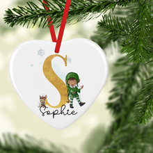 Load image into Gallery viewer, Elf Alphabet Watercolour Personalised Ceramic Round or Heart Christmas Bauble
