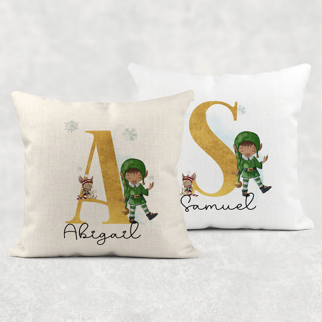 Elf Alphabet Personalised Christmas Cushion Cover Linen White Canvas