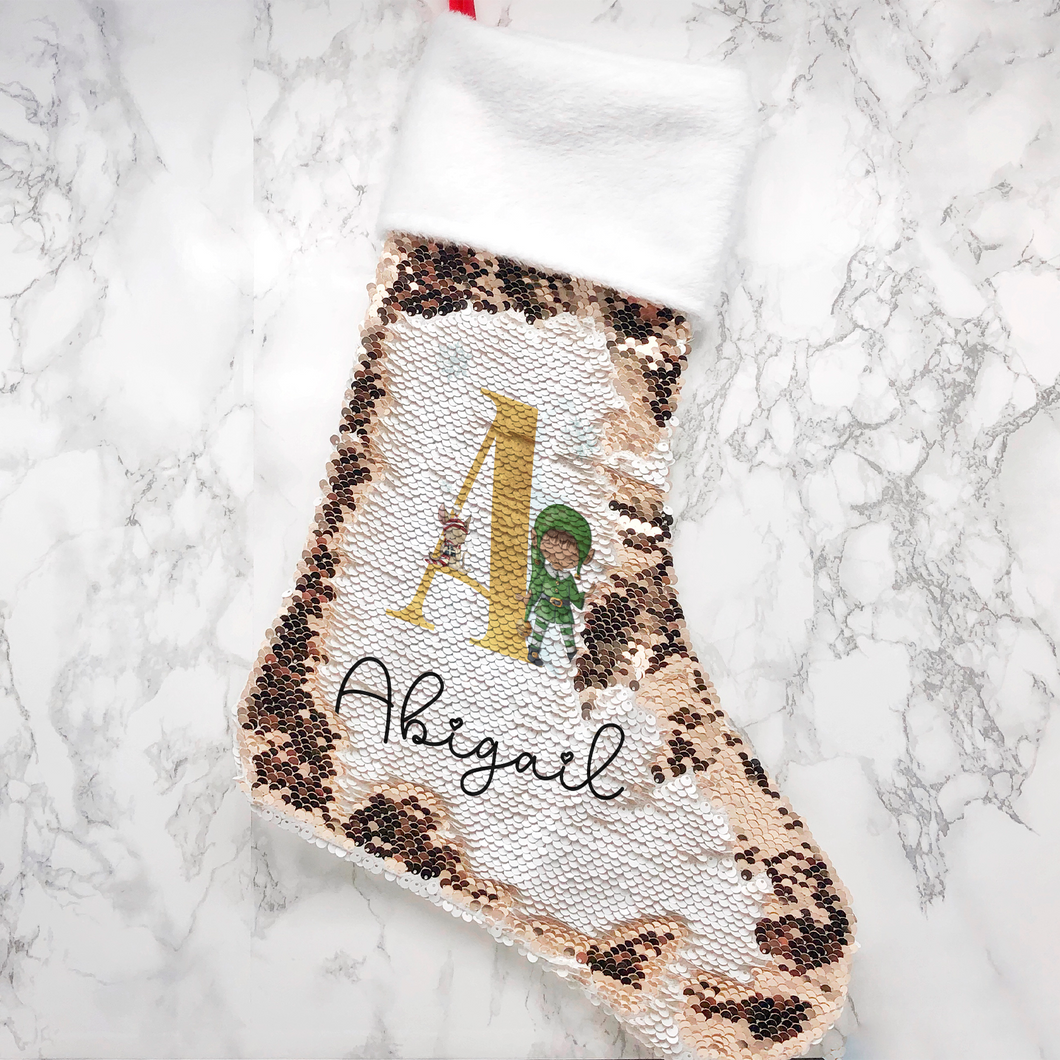 Elf Alphabet Personalised Fur Topped Sequin Christmas Stocking