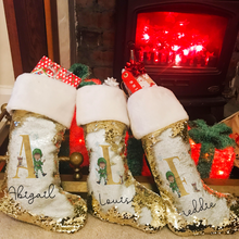 Load image into Gallery viewer, Elf Alphabet Personalised Fur Topped Sequin Christmas Stocking
