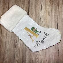 Load image into Gallery viewer, Elf Alphabet Personalised Fur Topped Sequin Christmas Stocking
