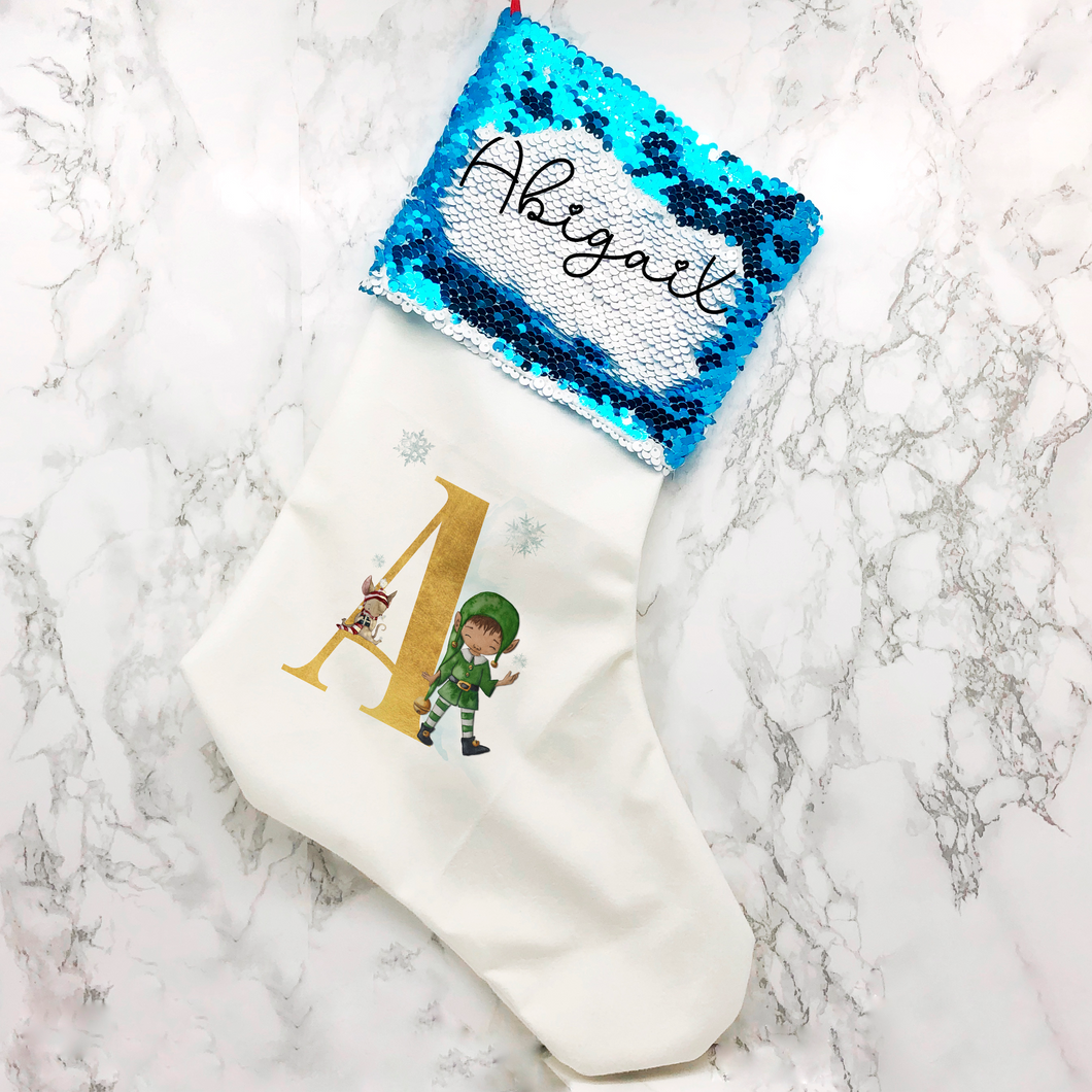 Elf Alphabet Personalised Sequin Topped Christmas Stocking