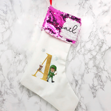 Load image into Gallery viewer, Elf Alphabet Personalised Sequin Topped Christmas Stocking
