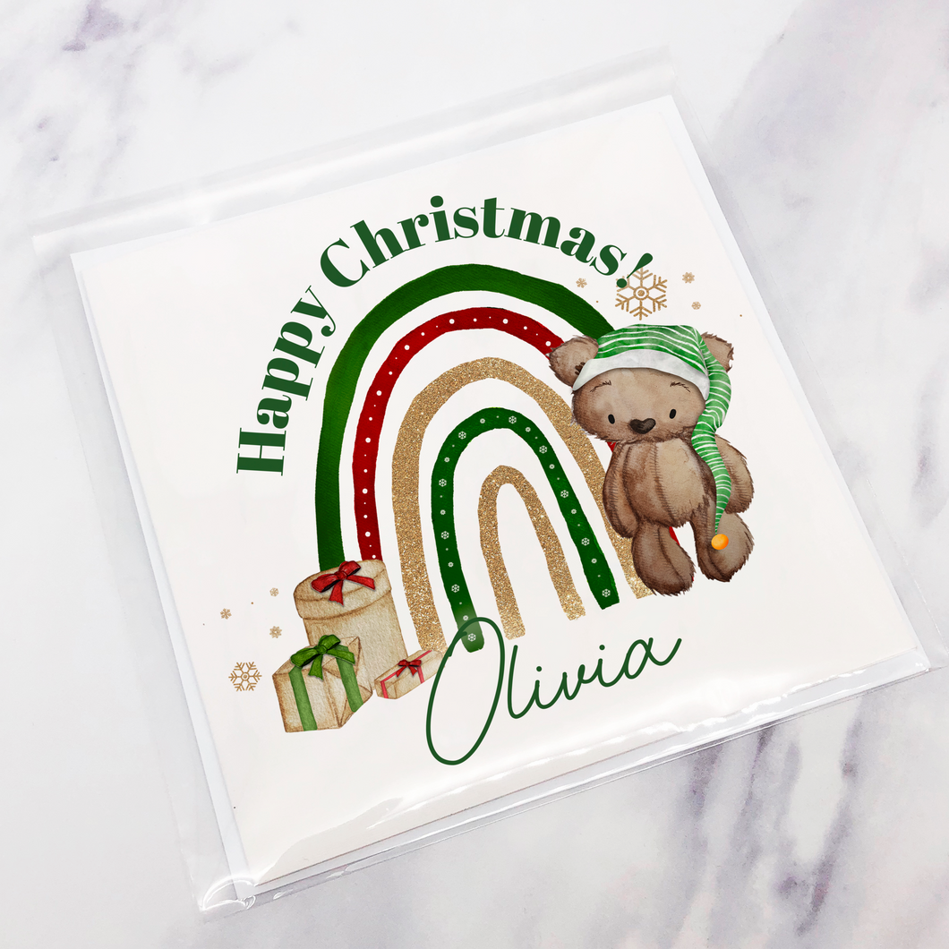 Elf Bear Rainbow Christmas Card