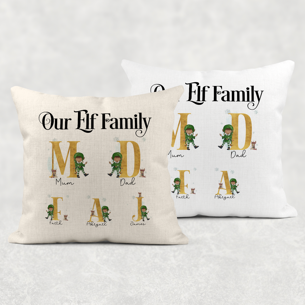 Our Family Elf Alphabet Personalised Christmas Cushion Cover Linen White Canvas
