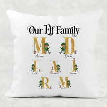 Load image into Gallery viewer, Our Family Elf Alphabet Personalised Christmas Cushion Cover Linen White Canvas
