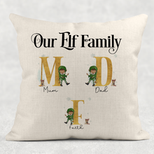 Load image into Gallery viewer, Our Family Elf Alphabet Personalised Christmas Cushion Cover Linen White Canvas
