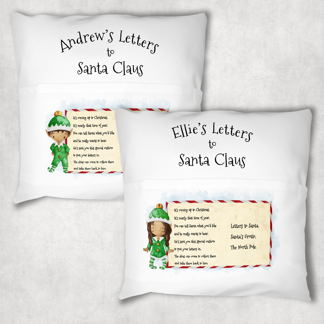 Elf Letters to Santa Personalised Pocket Book Cushion Cover White Canvas