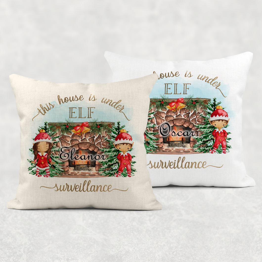 This House is Under Elf Surveillance Personalised Christmas Cushion Cover Linen White Canvas