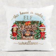 Load image into Gallery viewer, This House is Under Elf Surveillance Personalised Christmas Cushion Cover Linen White Canvas
