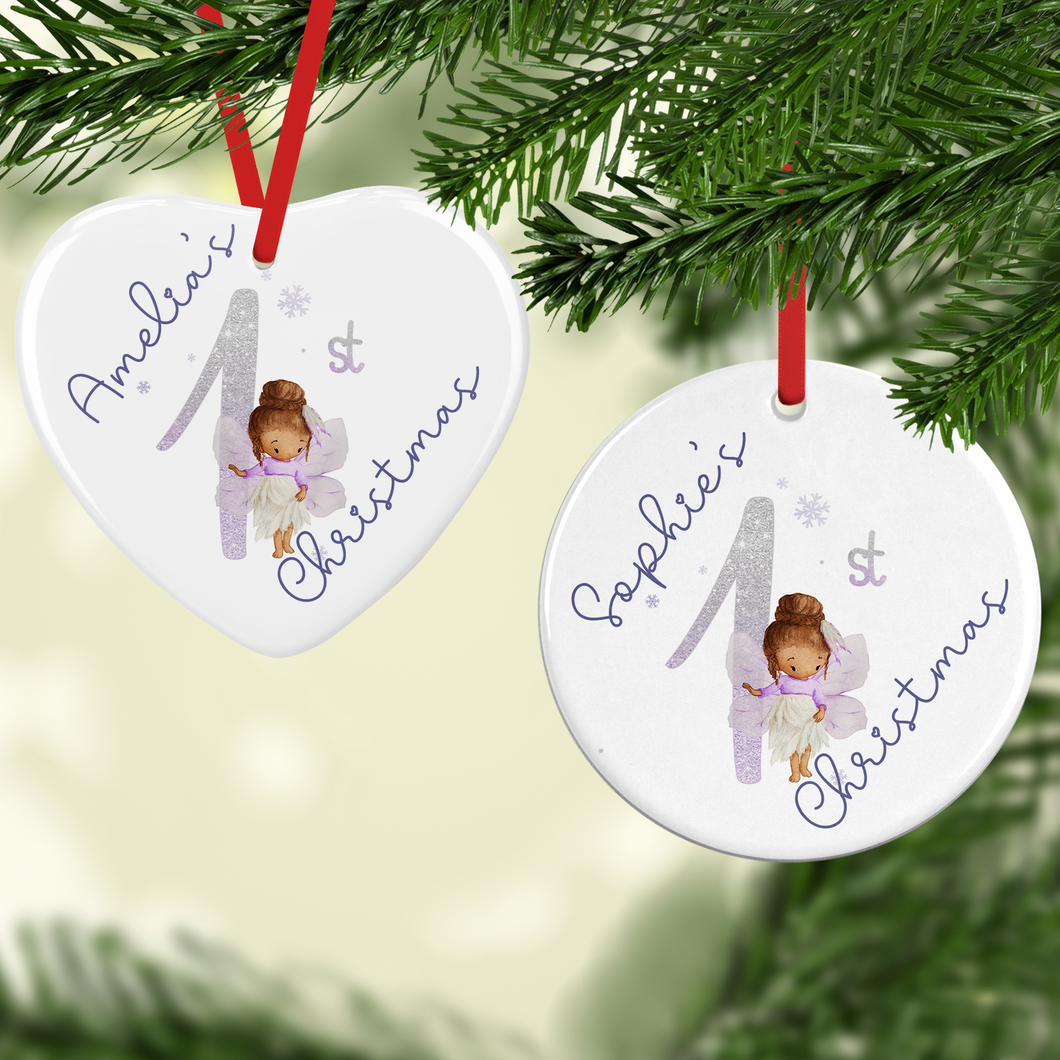 Fairy 1st Xmas Watercolour Personalised Ceramic Round or Heart Christmas Bauble