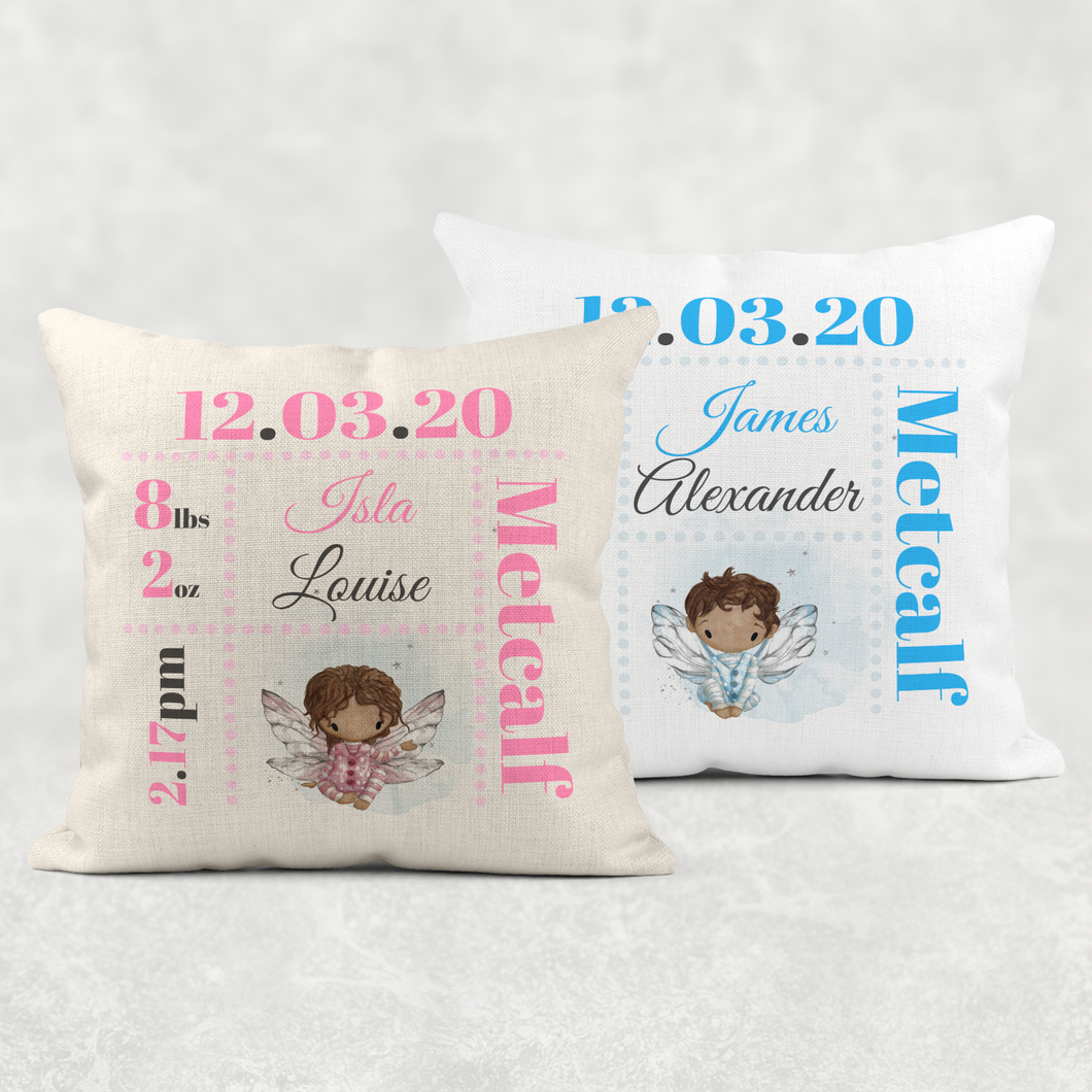 Fairy Baby Boy Girl Birth Stat Personalised Cushion Linen White Canvas