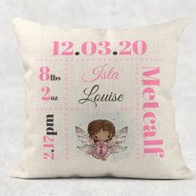 Load image into Gallery viewer, Fairy Baby Boy Girl Birth Stat Personalised Cushion Linen White Canvas
