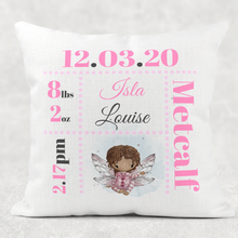 Load image into Gallery viewer, Fairy Baby Boy Girl Birth Stat Personalised Cushion Linen White Canvas
