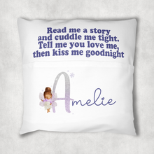 Load image into Gallery viewer, Fairy Glitter Alphabet Personalised Pocket Book Cushion Cover White Canvas
