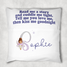 Load image into Gallery viewer, Fairy Glitter Alphabet Personalised Pocket Book Cushion Cover White Canvas
