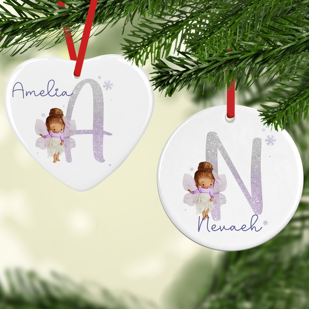 Fairy Alphabet Watercolour Personalised Ceramic Round or Heart Christmas Bauble