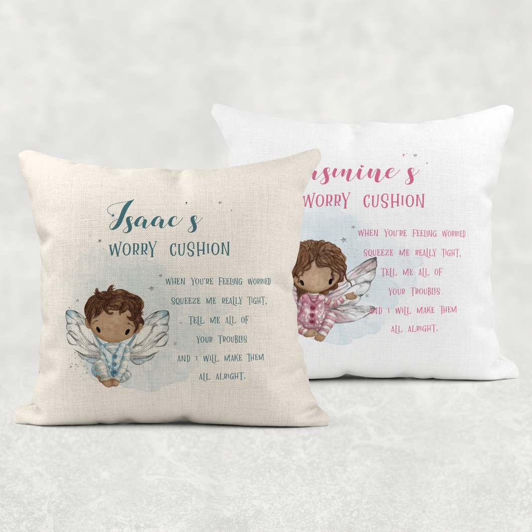 Fairy Personalised Worry Comfort Cushion Linen White Canvas
