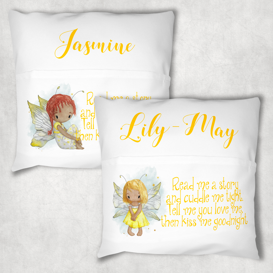 Yellow Fairy Personalised Pocket Book Cushion Cover White Canvas