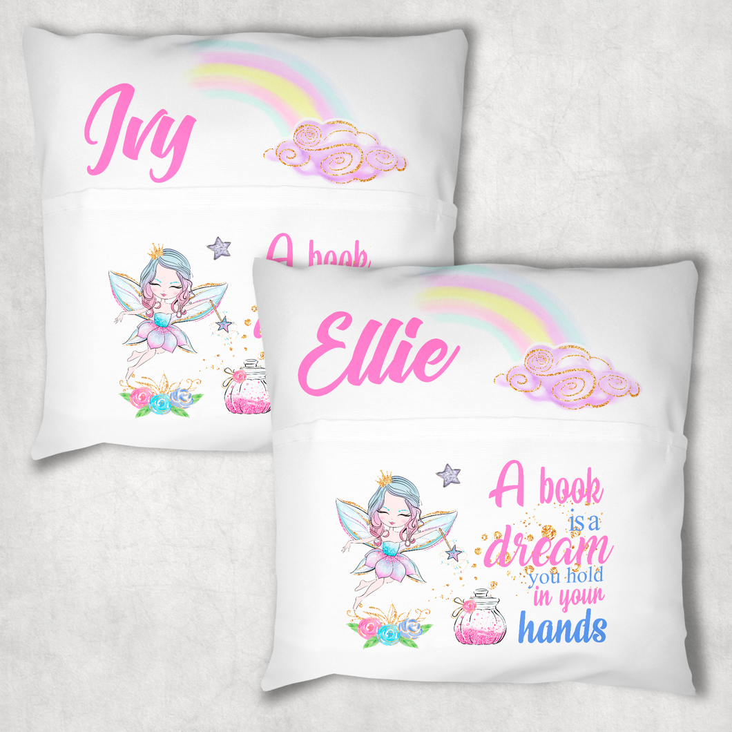 Fairy Personalised Pocket Book Cushion Cover White Canvas
