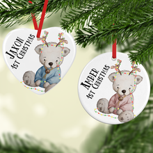 Load image into Gallery viewer, Festive Bear 1st Christmas Personalised Ceramic Christmas Bauble
