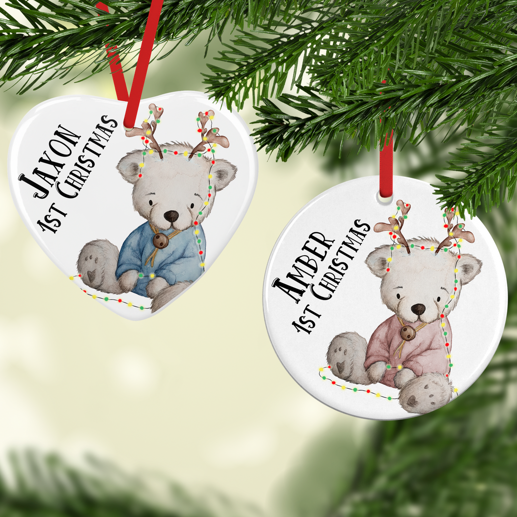 Festive Bear 1st Christmas Personalised Ceramic Christmas Bauble