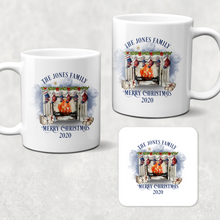 Load image into Gallery viewer, Festive Fireplace with Personalised Family Stockings Christmas Eve Mug and Coaster Set
