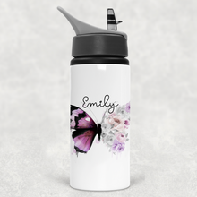 Load image into Gallery viewer, Floral Butterfly Personalised Aluminium Straw Water Bottle 650ml
