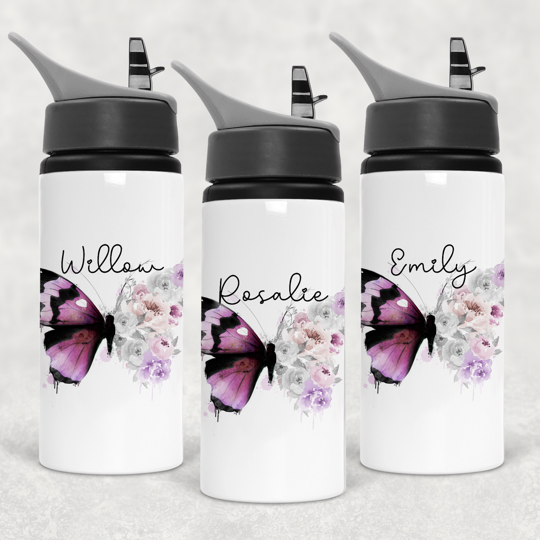 Floral Butterfly Personalised Aluminium Straw Water Bottle 650ml