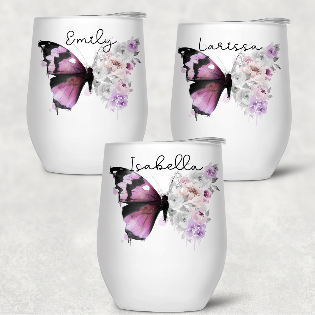 Floral Butterfly Personalised 400ml Stemless Wine Tumbler