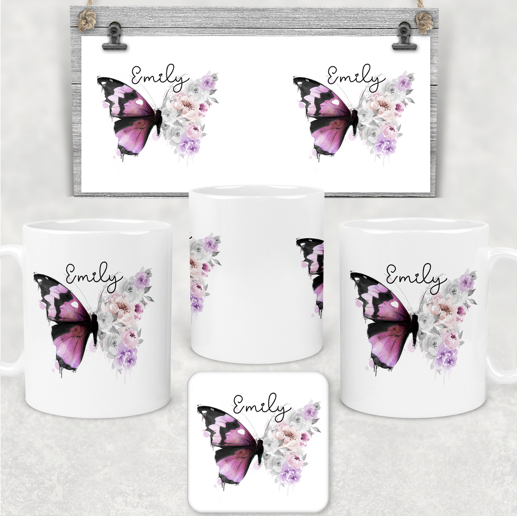 Floral Butterfly Personalised Mug & Coaster