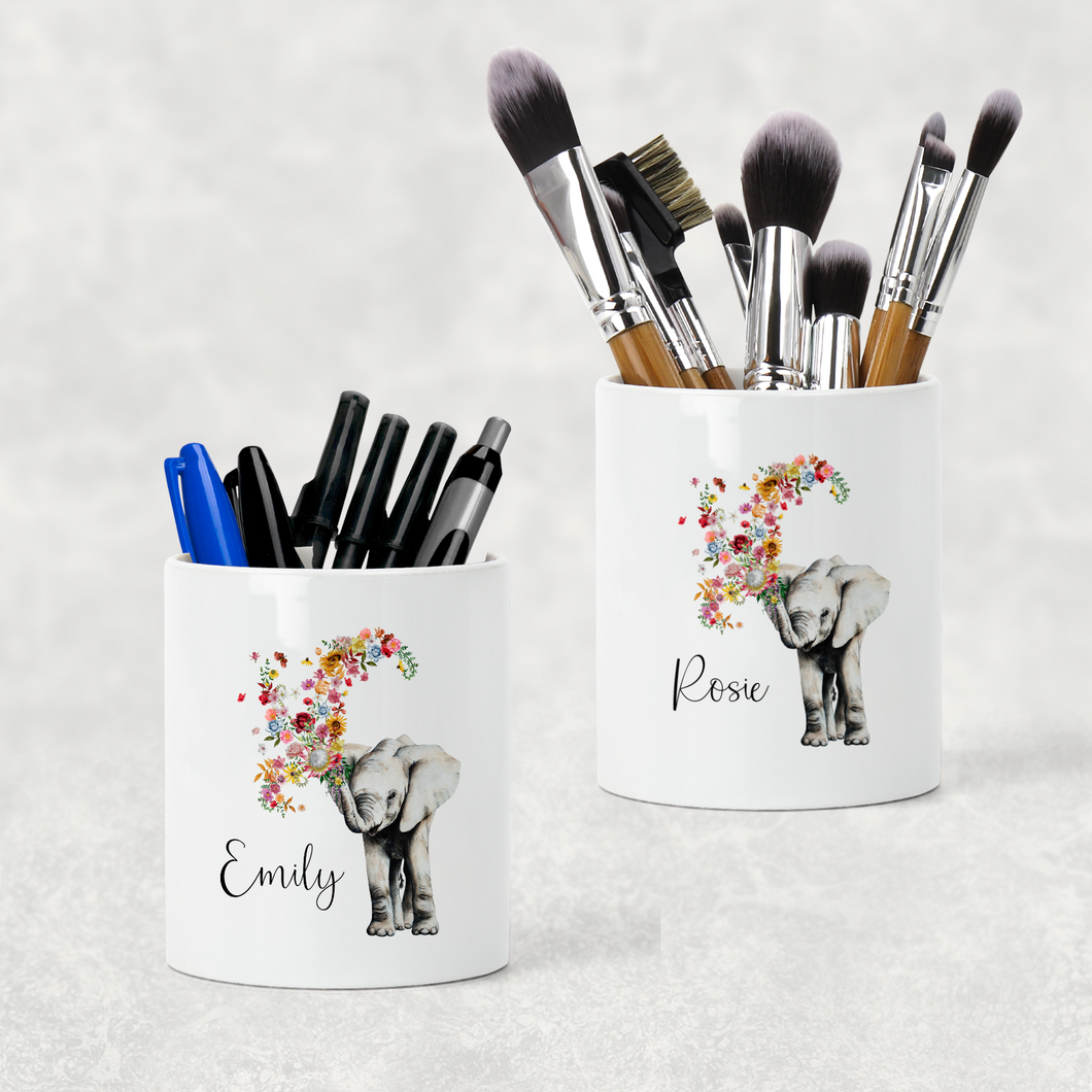 Floral Elephant Personalised Pencil Caddy / Make Up Brush Holder