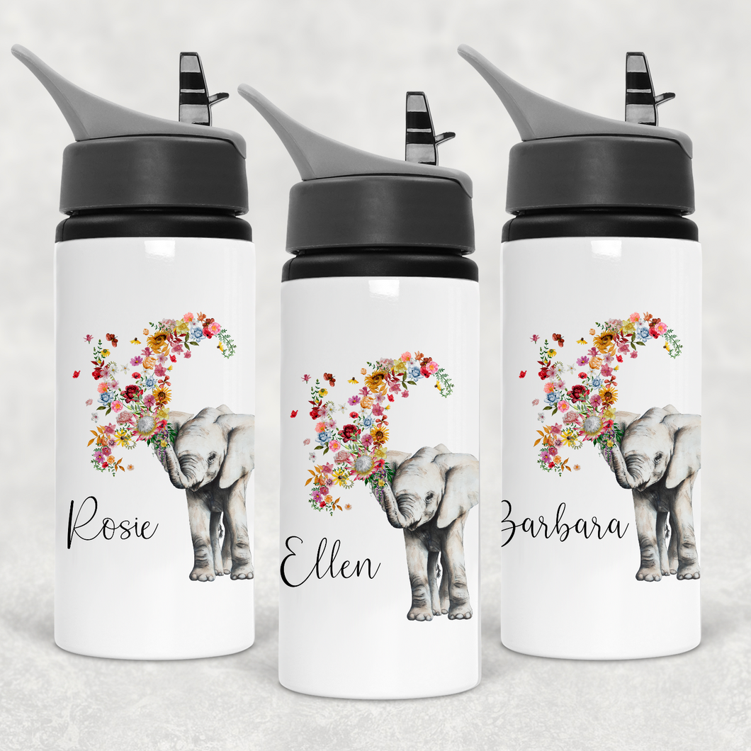 Floral Elephant Personalised Aluminium Straw Water Bottle 650ml